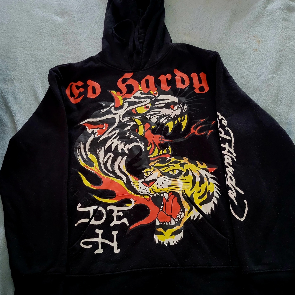 Ed Hardy Black Hoodie with Tiger Graphic